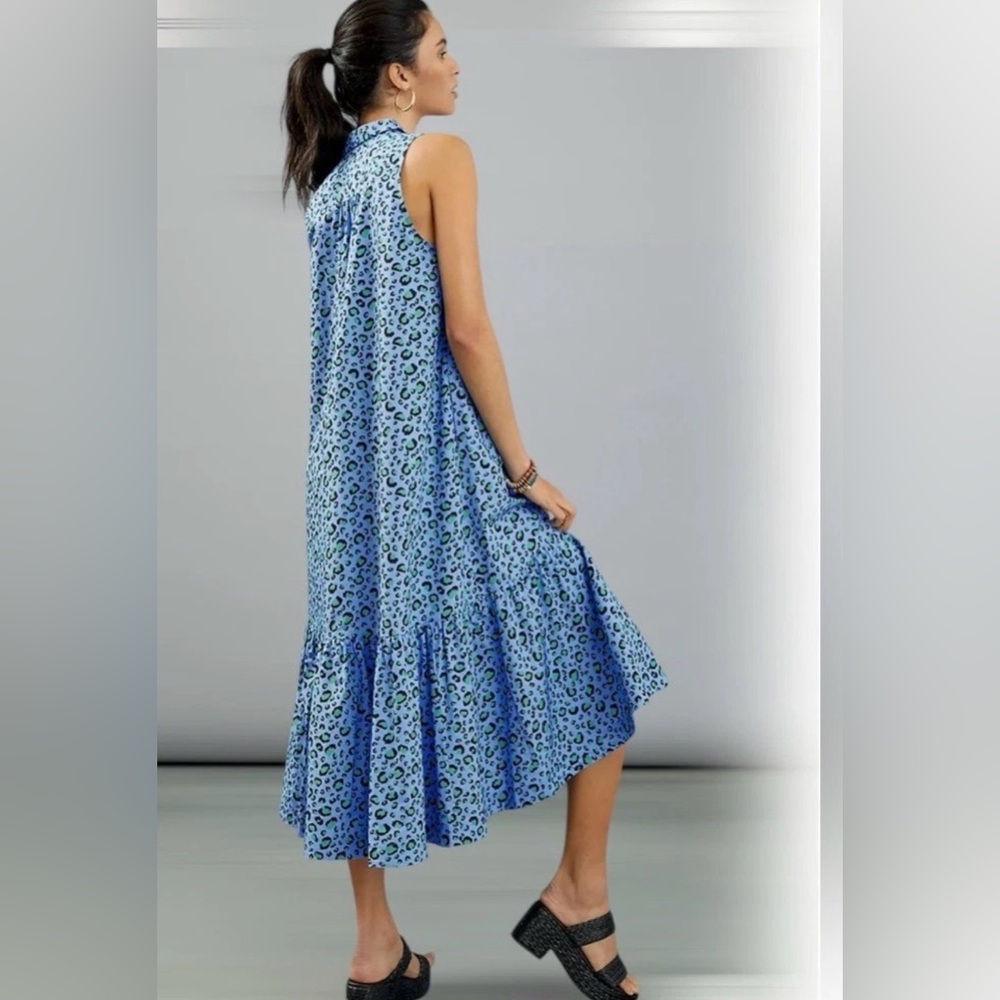 Maeve Anthropologie+ Paola Flounced Midi Dress-Blue Leopard 3X - Picture 2 of 5
